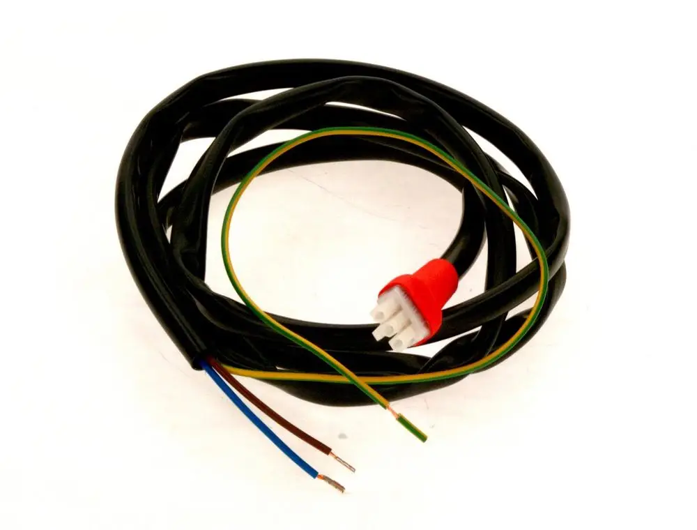 Schwarzes Kabel mit mehreren farbigen Drähten, das an einem roten Molex-Stecker endet. Gezeigt ist das Kabel von Bosch, geeignet für Anschlussanwendungen.